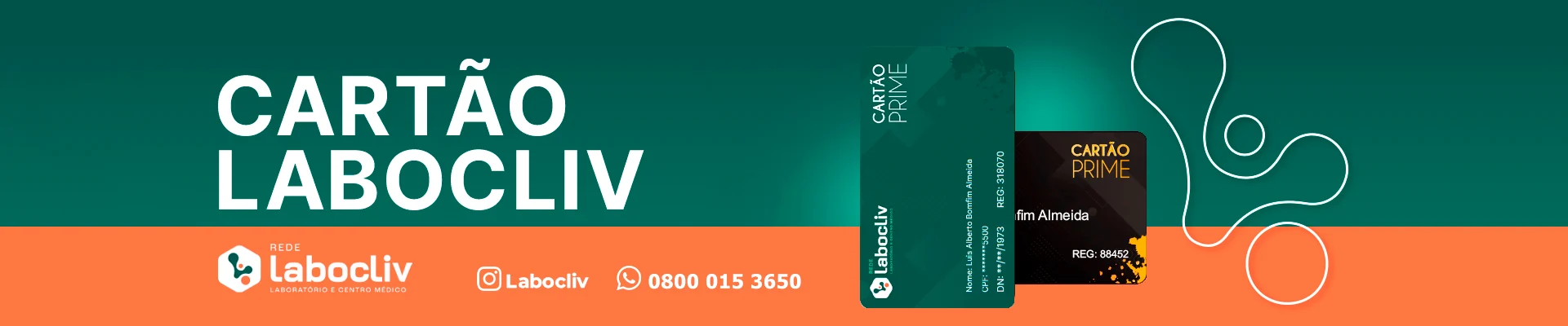 Cartão Labocliv — benefícios exclusivos da rede. Instagram @Labocliv, telefone 0800 015 3650